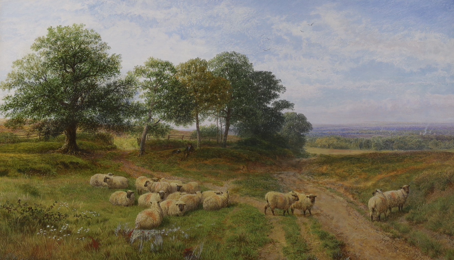 George Shalders (1826-1873), watercolour, Sheep beside a moorland path, signed and dated 1870, 30 x 50cm